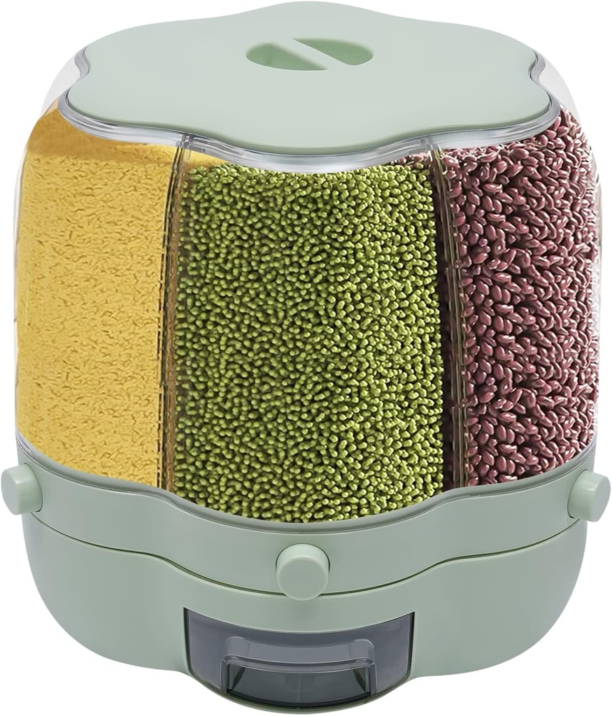 WOQLIBE Grain Storage Container Dispenser, 360° Rotating Rice Dispenser with 6 Compartments, Food Dispenser with Sealed Lid, Kitchen Storage Box for Rice, Beans, Small Grains (Matcha - 17.6lbs)