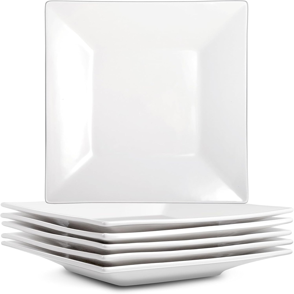 Appetizer Plates Set of 6,8 Inch Porcelain Square Dinner Plates,White Salad Plates,Square Serving Plate for Steak,Pasta,Dessert, Scratch Resistant, Microwave and Dishwasher Safe