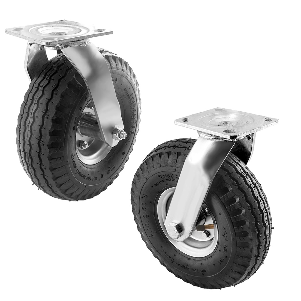 (2 Pack) RRQ 10 Inch Caster Wheels, Pneumatic Swivel Caster Wheels with Zinc Top Plate 360 Degree Rotation for Cart, Dolly, Trolley, Workbench and Wagon, Black Rubber Wheels, 600 Lbs Total Capacity