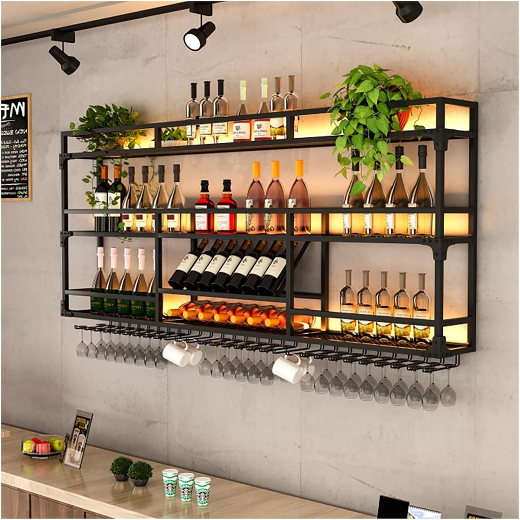 Wine Rack Wall Mounted with LED Light,Wine Storage Racks with Wine Glass Holder,Metal Floating Wall Shelves,Hanging Liquor Bottle Display Shelf,for Home Bar Wine Cellar Kitchen Decor,Black/G