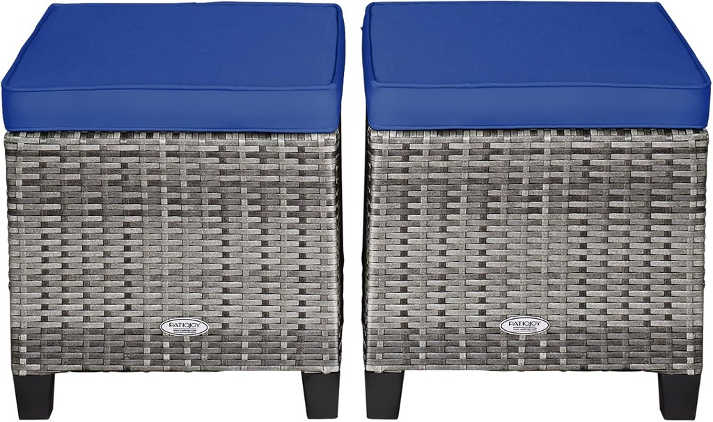 RELAX4LIFE 2-Piece Patio Rattan Ottomans - Outdoor Wicker Furniture w/ 2 Footrest Stools, Comfortable Cushions & Steel Metal Frame, All-Weather Patio Set for Backyard,Garden (Navy Blue)