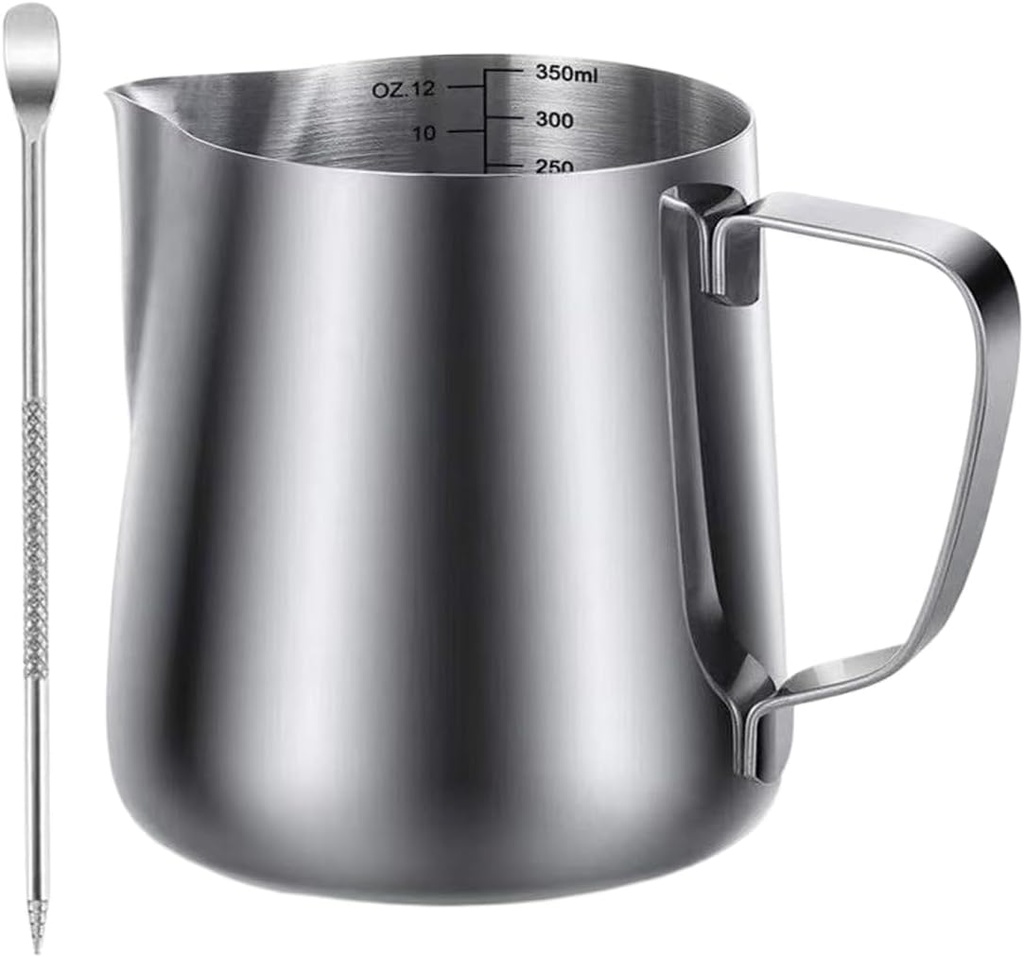 Milk Jug | Comfortable Handle Grip | 350ml | Milk Frother Cup | Stainless Steel Coffee Steaming Pitchers With Decorating Pen | Stain-Resistant Surfaces | For Cafe Kitchen Travel Restaurant Home