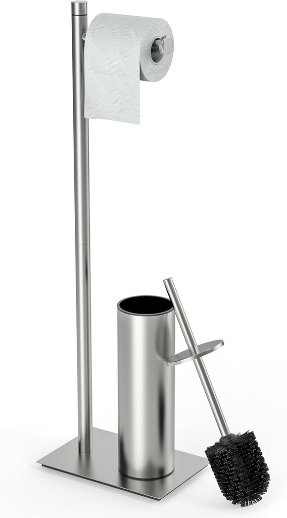 RUACQ Toilet Paper Holder Stand with Toilet Brush and Holder Set, 304 Stainless Steel Bathroom Toilet Tissue Paper Roll Holder Free Standing, Weighted Base, Heavy Duty (Brushed Nickel)