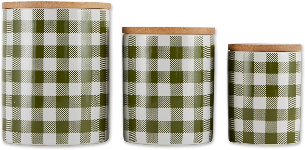 DII Ceramic Canister Sets for the Kitchen Food Safe Storage Containers with Lids, Large, Medium & Small, Buffalo Check, Antique Green & White, 3 Count