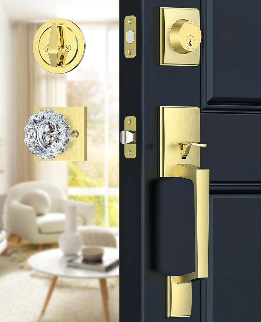 Satin Brass Front Door Handle and Deadbolt Set, Front Door Lock Set with Crystal Glass Door Knob, Exterior Door Lock Set with Single Cylinder, Reversible for Right & Left, Gold