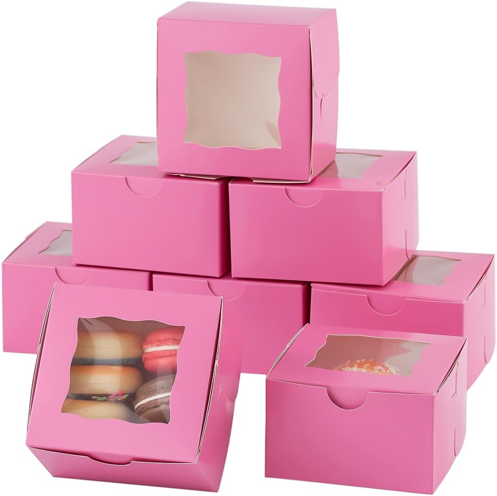 100Pcs Paper Cookie Boxes With Window Small Bakery Boxes 4x4x2.5 Inches Mini Cake Boxes For Pastries,Cupcakes,Desserts,Donuts,Chocolate Strawberries,Candy,Treat Boxes(4 * 4 * 2.5,Pink)