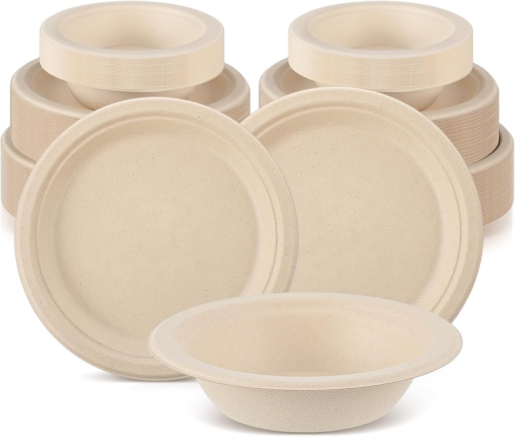 Havawish 150 Pcs Compostable Paper Plates and Bowls Set 9 Inch 10 Inch Disposable Plate 16oz Biodegradable Bowls for 50 Guests Party Dinner Party Supplies Bulk, Wood