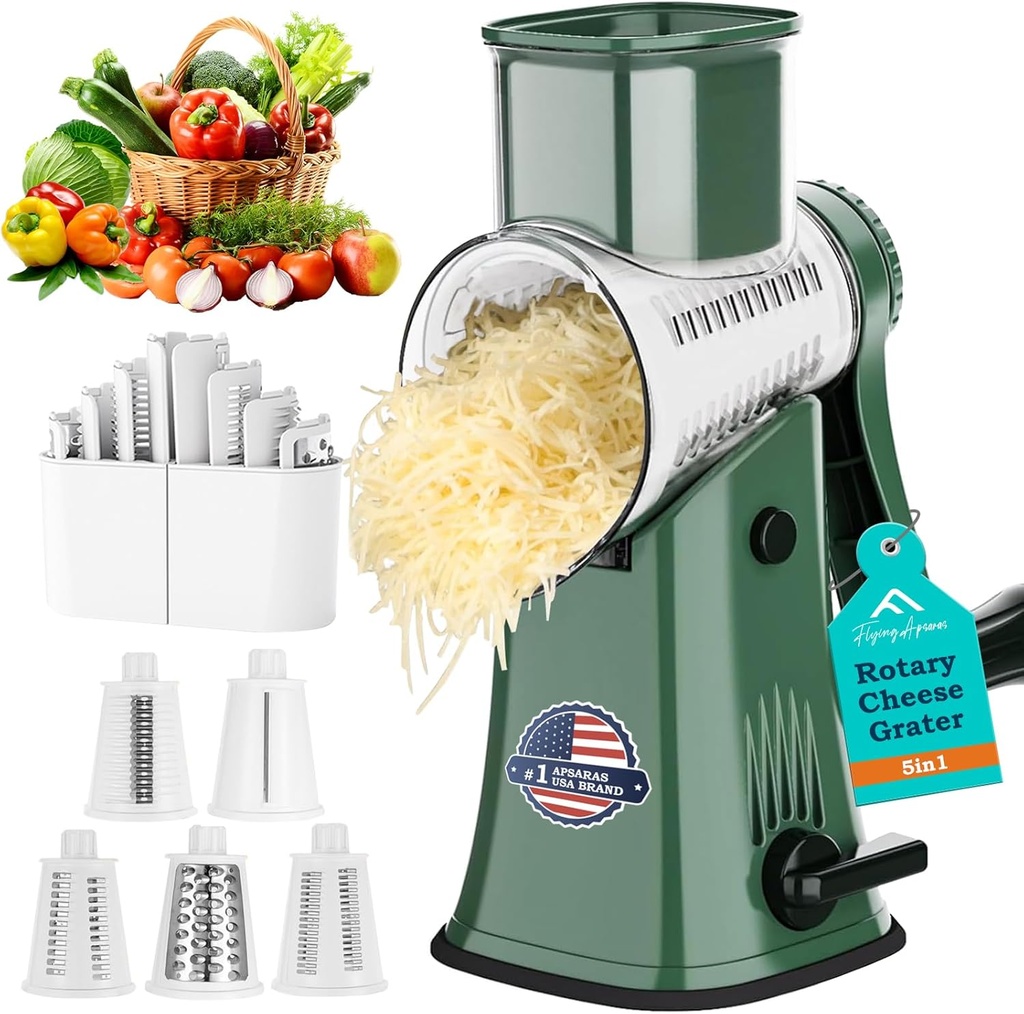 APSARAS USA Rotary Cheese Grater, 5 in 1 Rotary Grater, Cheese Grater Hand Crank, Replaceable Stainless Blades Cheese Shredder, Cheese Slicer, Easy to Clean Kitchen Gadgets with Storage Box