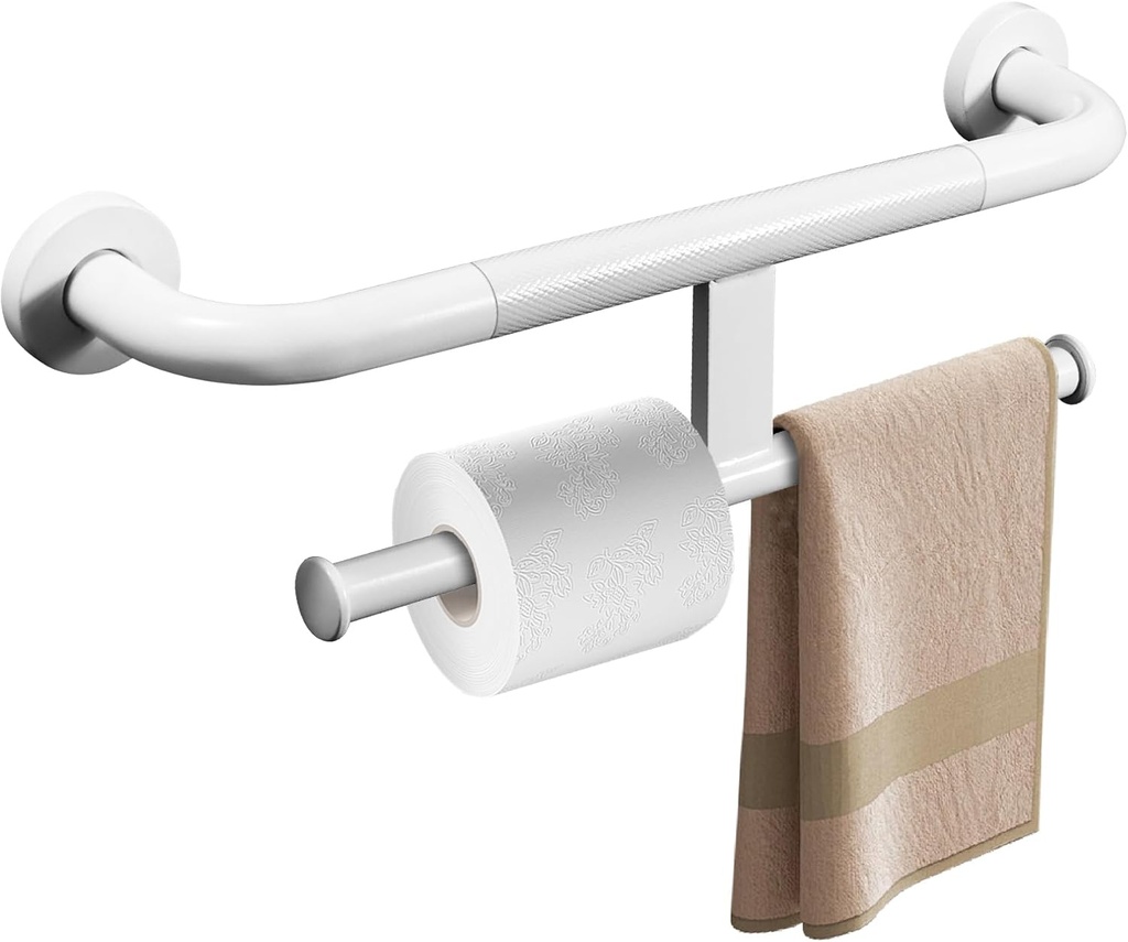 Handicap Grab Bar with Toilet Paper Roll Holder, 2-in-1 Safety Assist Bar Support Handle 16 Inch, White Stainless Steel Wall Mounted Bathroom Toilet Grab Bar for Senior Elderly