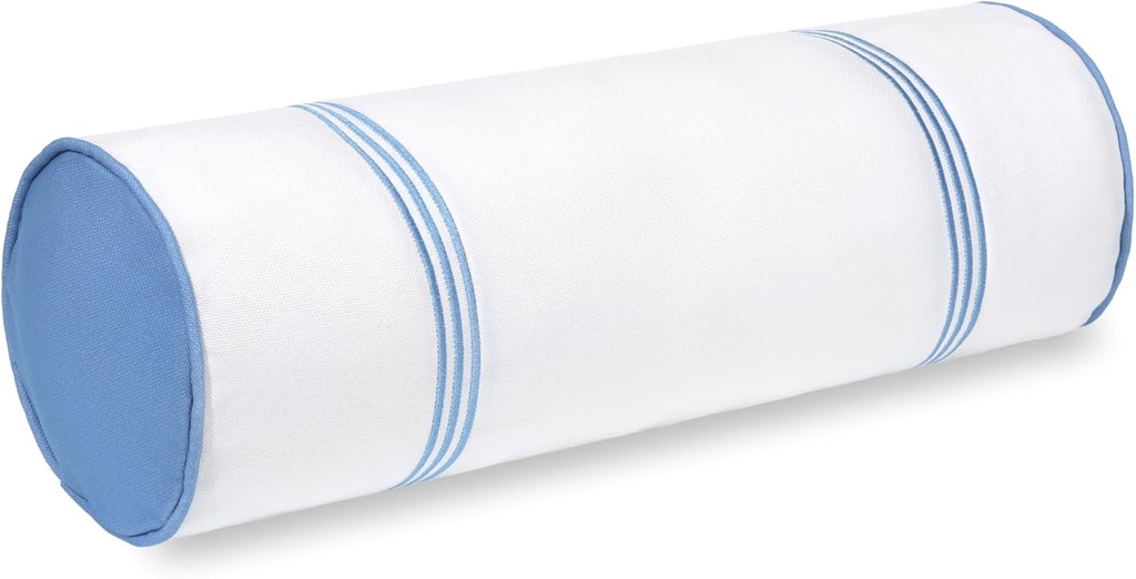 Hofdeco Premium Coastal Hampton Patio Indoor Outdoor Bolster Pillow Cover Only, 6"x20" Water Repellent for Backyard, Couch, Poolside, Azure Blue Embroidered Stripes