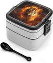Stackable Double-Layer Bento Box Cool Tiger in Flame Adults Lunchbox with Spoon Cute Japanese Bento Box Dishwasher Safe for Work Travel Dining Outc