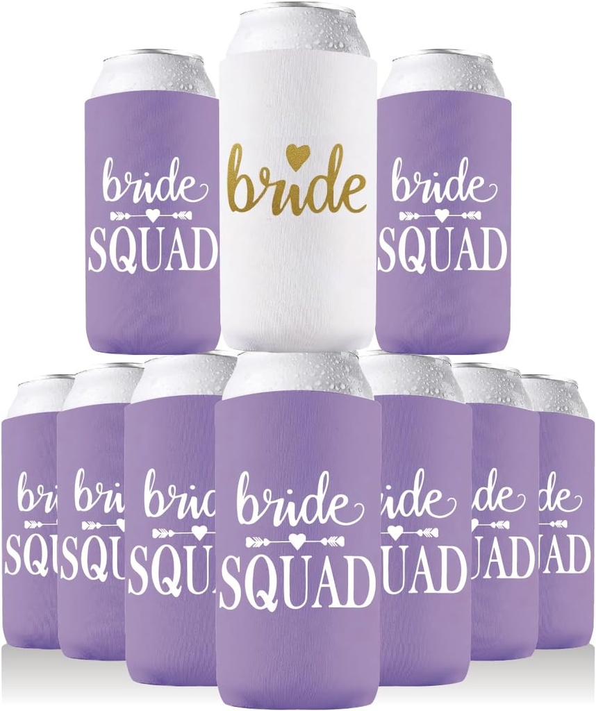 PartyGifts&Beyond Bridesmaid Gifts Can Cooler 10Packs Bachelorette Party Decorations Slim Can Cooler Bride Squad Can Sleeves(light Purple)
