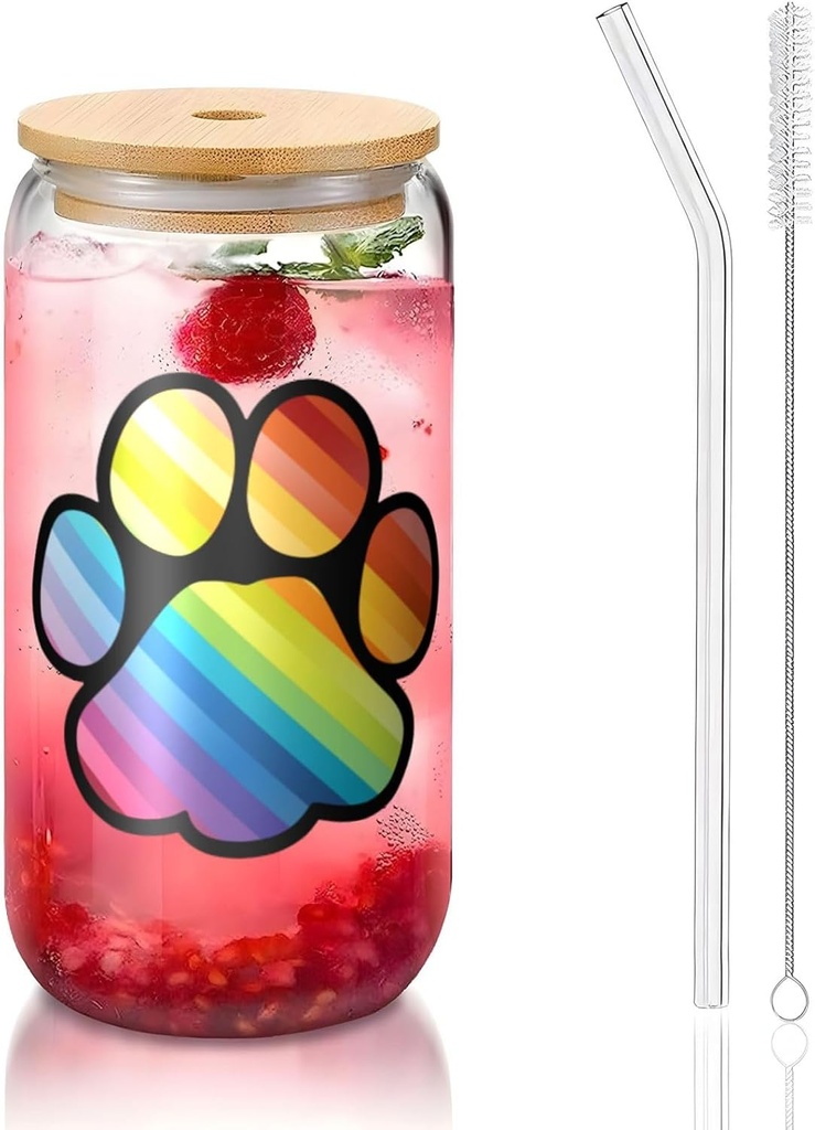 Gay Flag Bear Paw 16 Oz Drinking Glasses With Bamboo Lids,Glass Straw And Cleaning Brushes Glass Tea Cup For Iced Coffee,Smoothie,Cocktail,Beer,Whiskey,Soda,Matcha