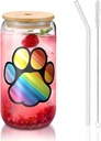 Gay Flag Bear Paw 16 Oz Drinking Glasses With Bamboo Lids,Glass Straw And Cleaning Brushes Glass Tea Cup For Iced Coffee,Smoothie,Cocktail,Beer,Whiskey,Soda,Matcha