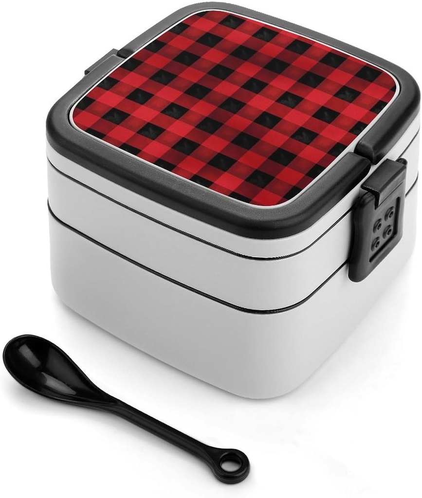 Adult Double-Layer Bento Box Portable Red Black Buffalo Check Plaid Lunchbox 1 L Capacity Leak-Proof Bento Box Microwave-Safe Food Container with Spoon And Hidden Handle