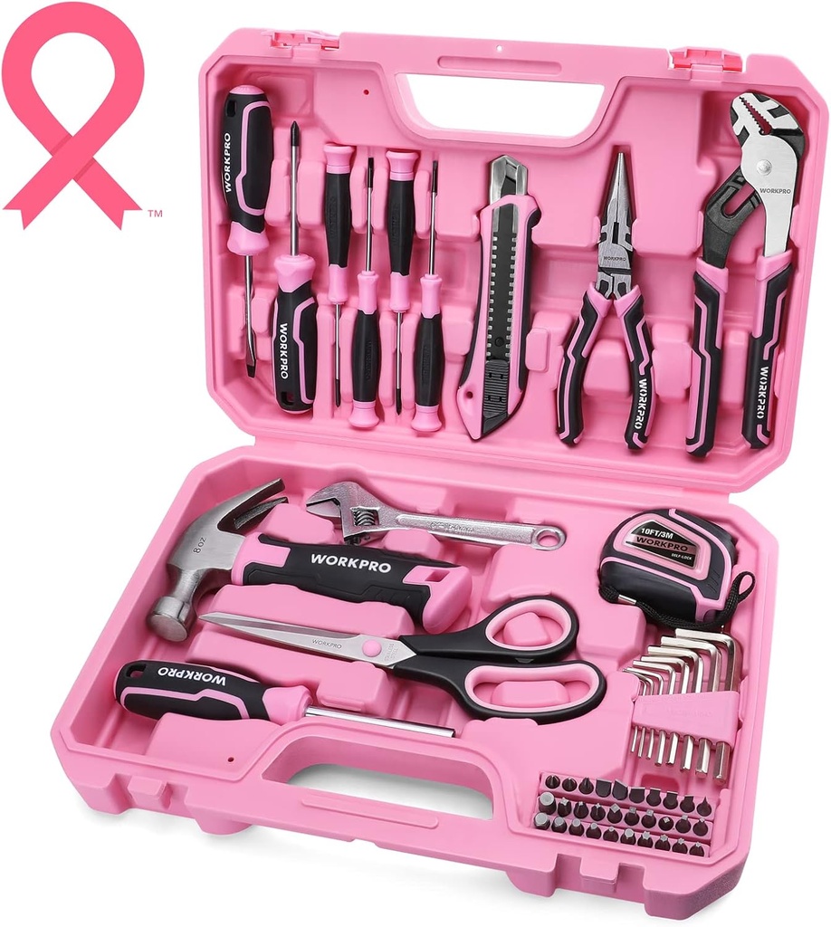WORKPRO 52-Piece Pink Tools Set, Household Lady Tool Kit with Storage Toolbox, Basic Tool Set for Home, Garage, Apartment, Dorm, New House, Back to School, and as a Gift
