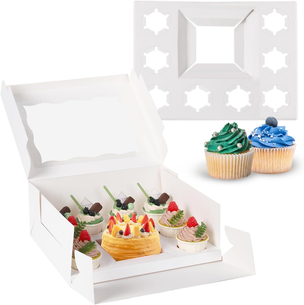 1+8 paper box/5pcs(Fold) Bakery Boxes with Window, White Cake and Cupcake Carrier, Set of 8