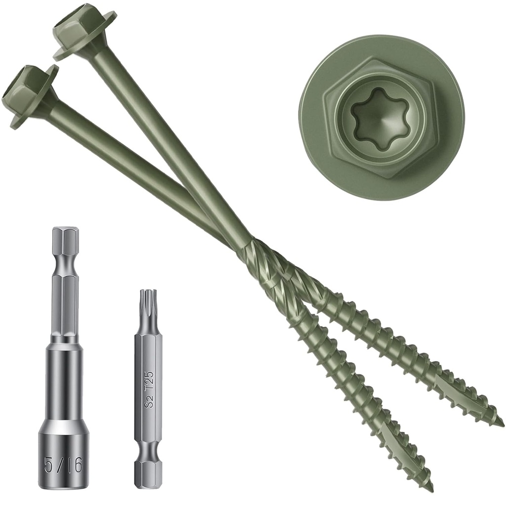 #14 x 6 Wood Structural Screws 50 Pack Hex Head Lag Screws, Rust Resistant Timber Screws for Timber/Log/Landscaping Wood (Green)