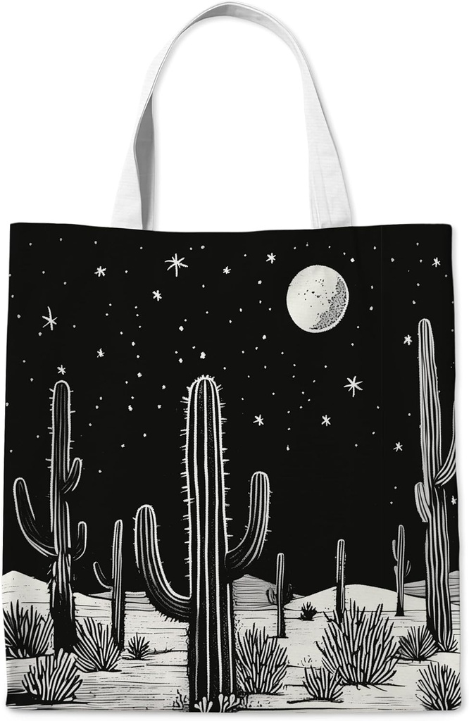 Western Black Canvas Tote Bag Gifts for Women, Black Desert Cactus Boho Aesthetic Canvas Tote Bags, Western Gifts Reusable Tote Bag for Women Cowboy Cowgirl