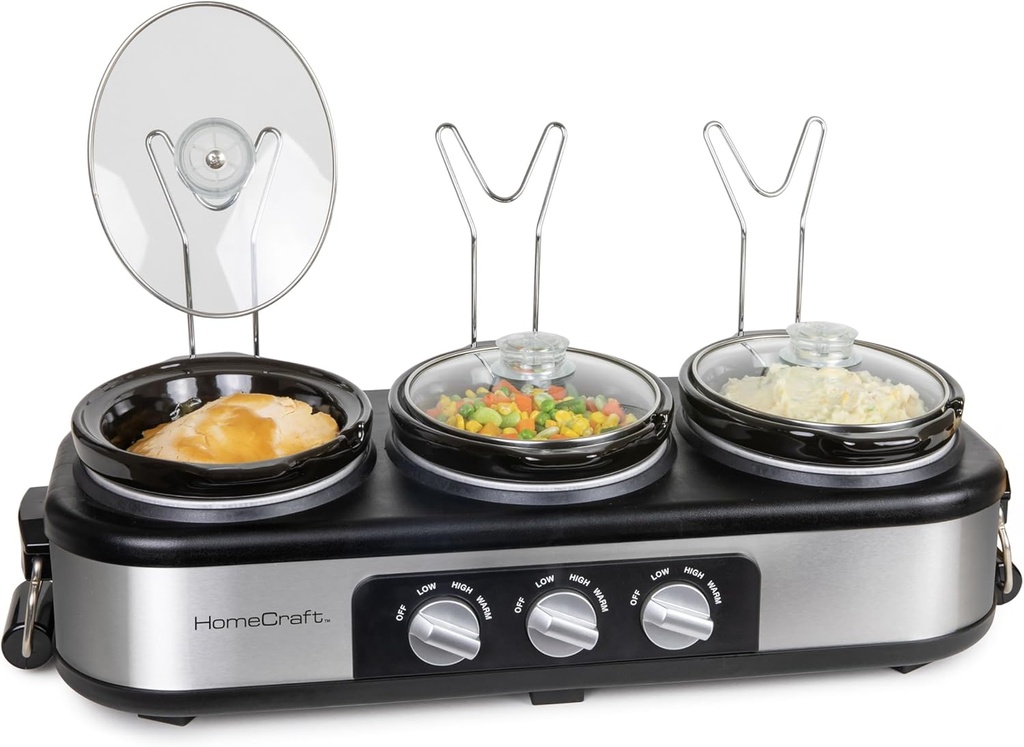 HomeCraft HCTSC15SS Stainless Steel 3-Station 1.5-Quart Oval Slow Cooker Buffet, with Lid & Spoon Rest, Adjustable Heat Control, Perfect for Parties, Holidays, Families