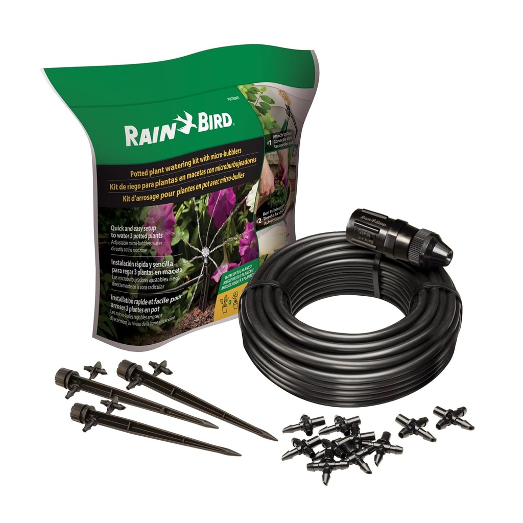 Rain Bird POTTEDKIT Drip Irrigation Container/Potted Plant Watering Kit, Connects to Faucet/Garden Hose, 1/4" Drip Tubing, 360° Micro Bubblers, T-Fittings and Pressure Regulator