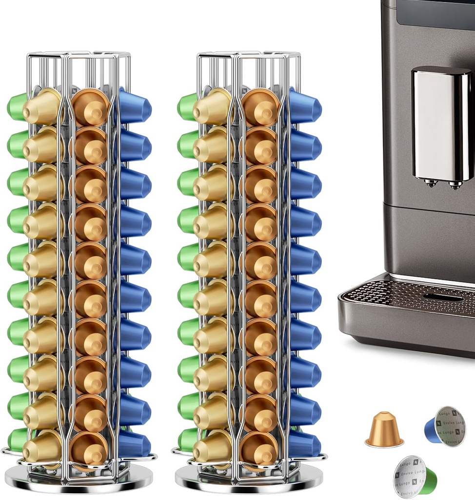 60 Capsule Coffee Storage, 360° Rotating Coffee Storage Rack, Modern Metal Material, Stable Base, Suitable for Family Bar Countertop Kitchen (Silver)