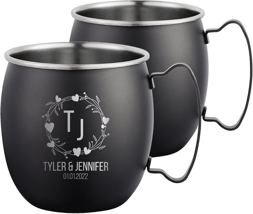 Personalized Custom Smooth Finish Black Moscow Mule Mugs with Custom Wedding Heart Borders Monogram Engraved Bar Style Cup, 16 oz | Set of 2