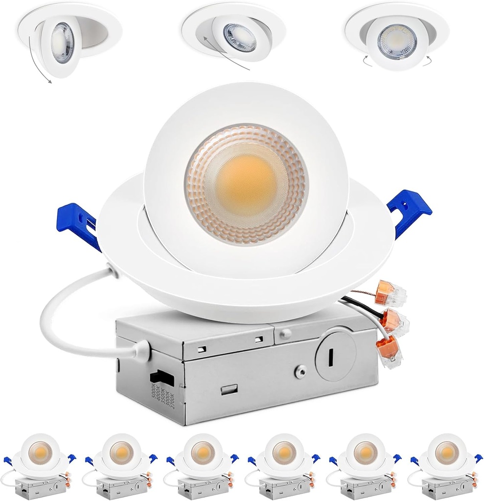 Adetu 4 inch 5CCT Gimbal Led Recessed Lights, 360°+90° Adjustable Directional Recessed Lighting, 2700K/3000K/3500K/4000K/5000K Dimmable Retrofit Eyeball Can Lights with Jbox, ETL(White, 6 Pack)