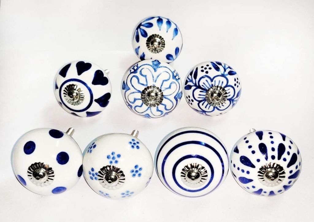 ATCUSA Set of 8 Dessert Flower Handmade Knob Cabinet Cupboard Door Dresser Wardrobe Drawer Pull for Bathroom | Bedroom | Office | Kitchen Handmade Ceramic Knobs | (Blue)