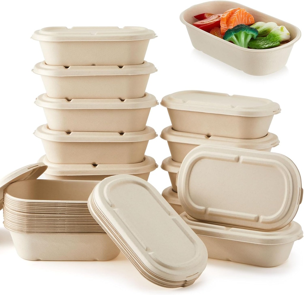 LemonRoad 100 Pack 34oz Biodegradable Disposable Food Containers with Lids Sugarcane Pulp Take out Disposable Meal Prep Containers Compostable and Microwave Safe Lunch Box for Salad Camp Party