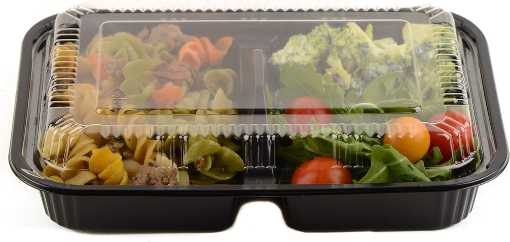 EcoQuality [225 Pack] 3 Compartment Black Disposable Container with Lids, Meal Prep Container, Food Storage Bento Box, Disposable, Stir Fry | Lunch Boxes | BPA Free
