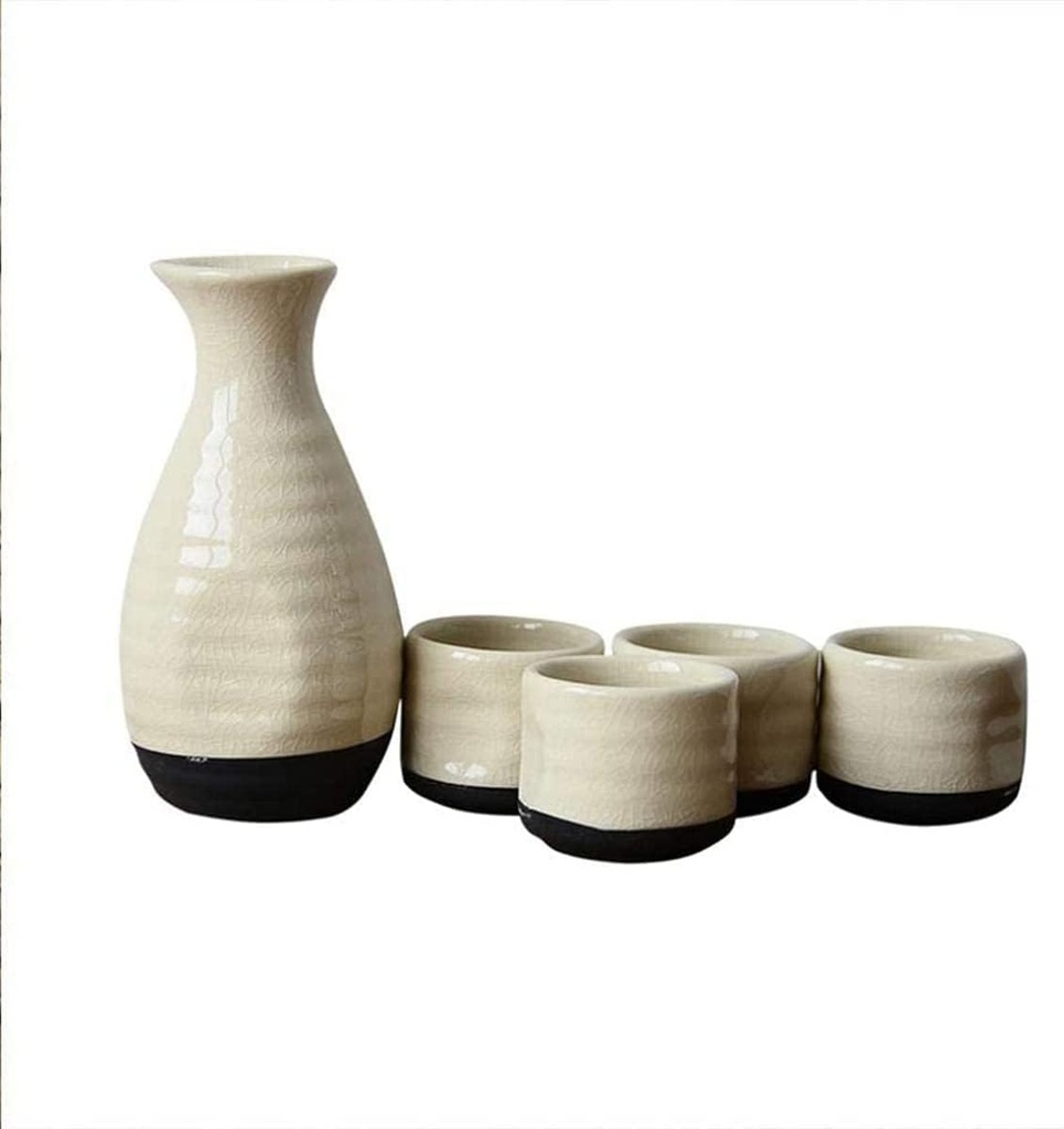 5 Piece Sake Set, Elegant White Ice Crack Glazed Ceramic Sake Cup Set, for Cold/Warm/Shochu/Tea Cups