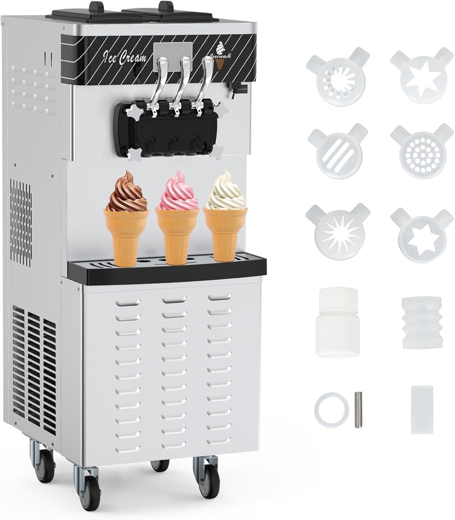 Commercial Ice Cream Machine 5.8 to 8 Gal/H Yield, 3 Flavor Ice Cream Maker with 7L Double Hoppers, LED Touch Panel, Auto Cleaning, Stainless Steel, Soft Ice Cream Machine for Gelato for Restaurants