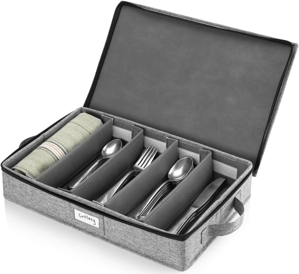 Flatware Storage Case with 5 Adjustable Compartments - Tableware Utensil Chest with Carrying Handles - Protects and Organizes Cutlery and Silverware - Hard Shell and Stackable