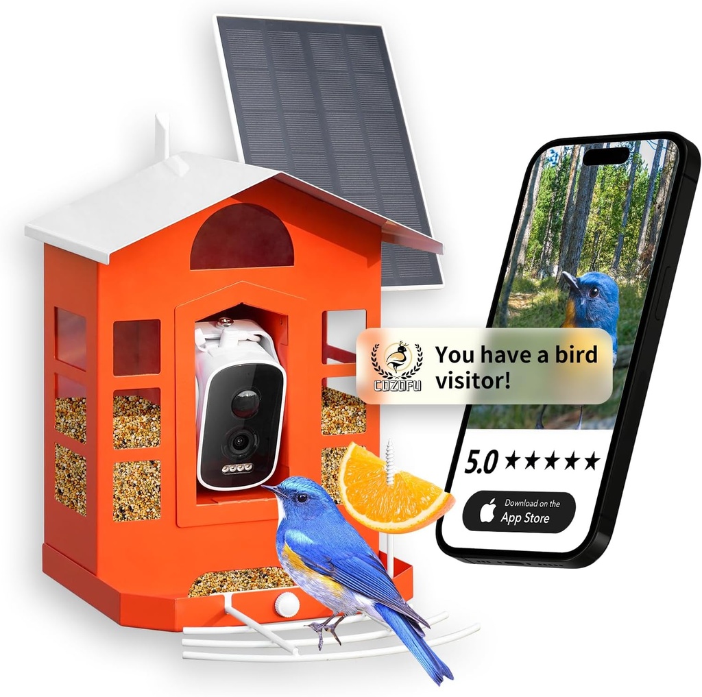 Metal AI Bird Feeder Camera w/ 32GB - Solar Powered, 2K Auto Rec & Live View, Identifies 10000+ Birds​