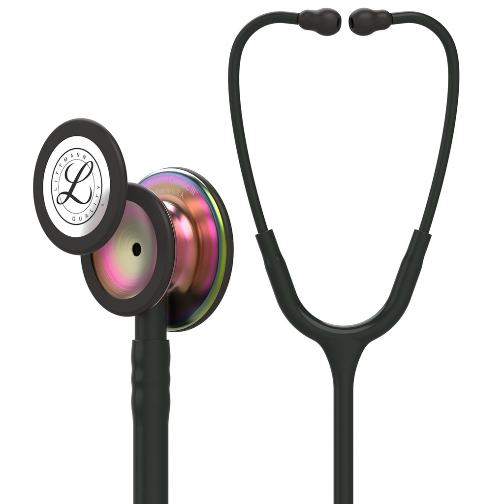 3M Littmann Classic III Monitoring Stethoscope, 5870, More Than 2X as Loud, Weighs Less, Stainless Steel Rainbow-Finish Chestpiece, 27" Black Tube, Stem and Headset