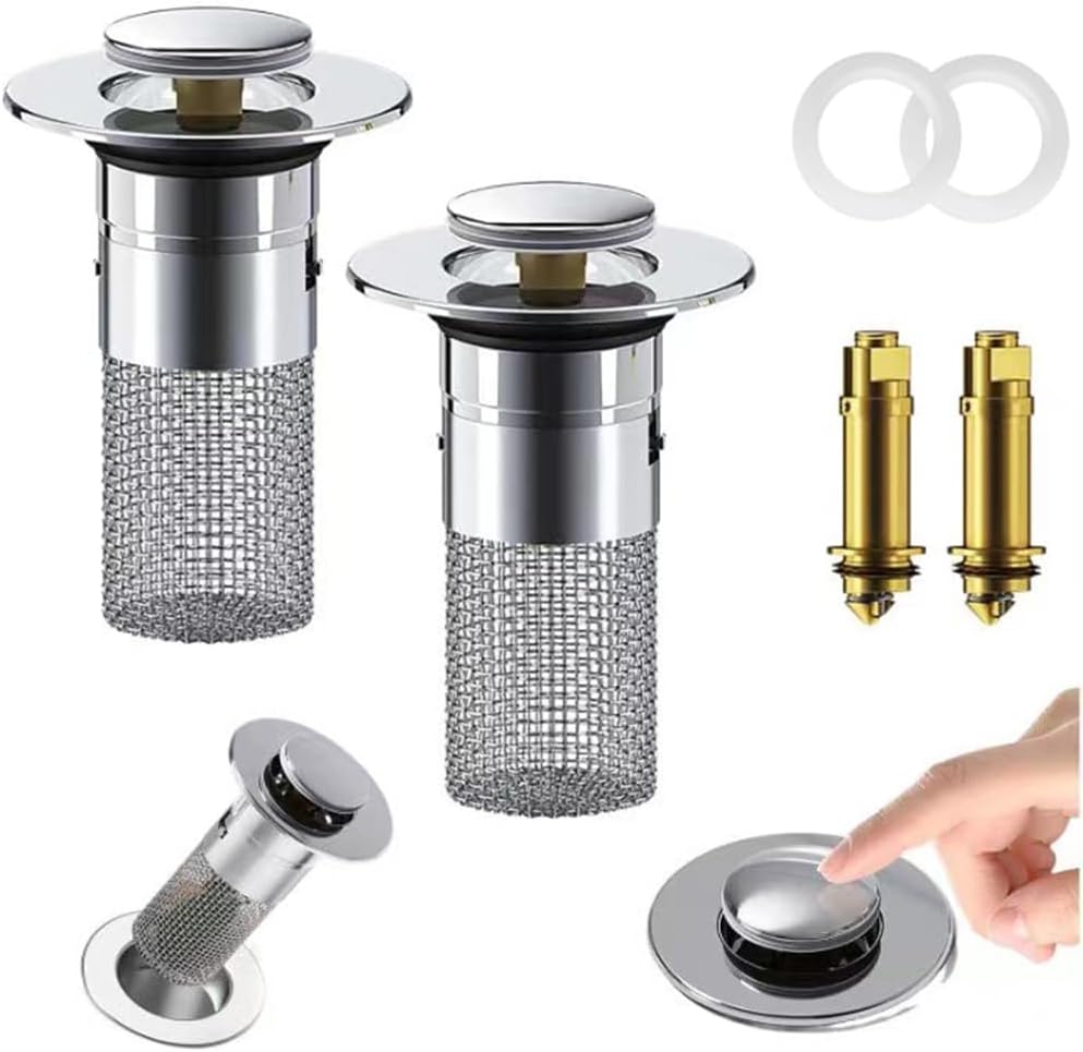 Stainless Steel Floor Drain Filter,Bathroom Sink Stopper Hair Catcher with Removable Stainless Steel Filter Basket Hair Catcher,Isolate Odor Pop Up Sink Drain Filter（2Pcs）