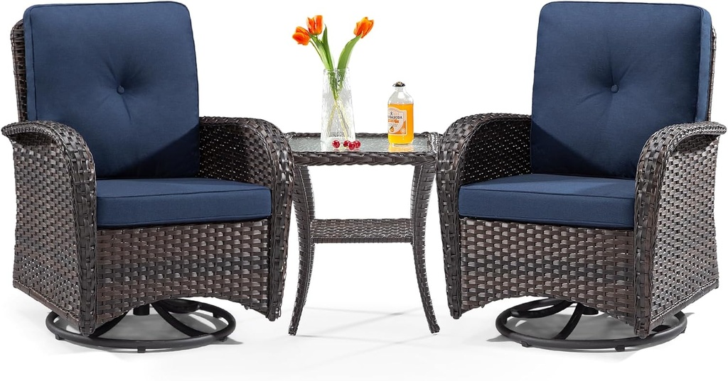 Patio Swivel Glider Wicker Chairs - Outdoor Rocking Chairs Set of 2 with Wicker Side Table, 3 Piece Patio Furniture Sets for Porch Deck (Brown/Blue)