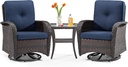 Patio Swivel Glider Wicker Chairs - Outdoor Rocking Chairs Set of 2 with Wicker Side Table, 3 Piece Patio Furniture Sets for Porch Deck (Brown/Blue)