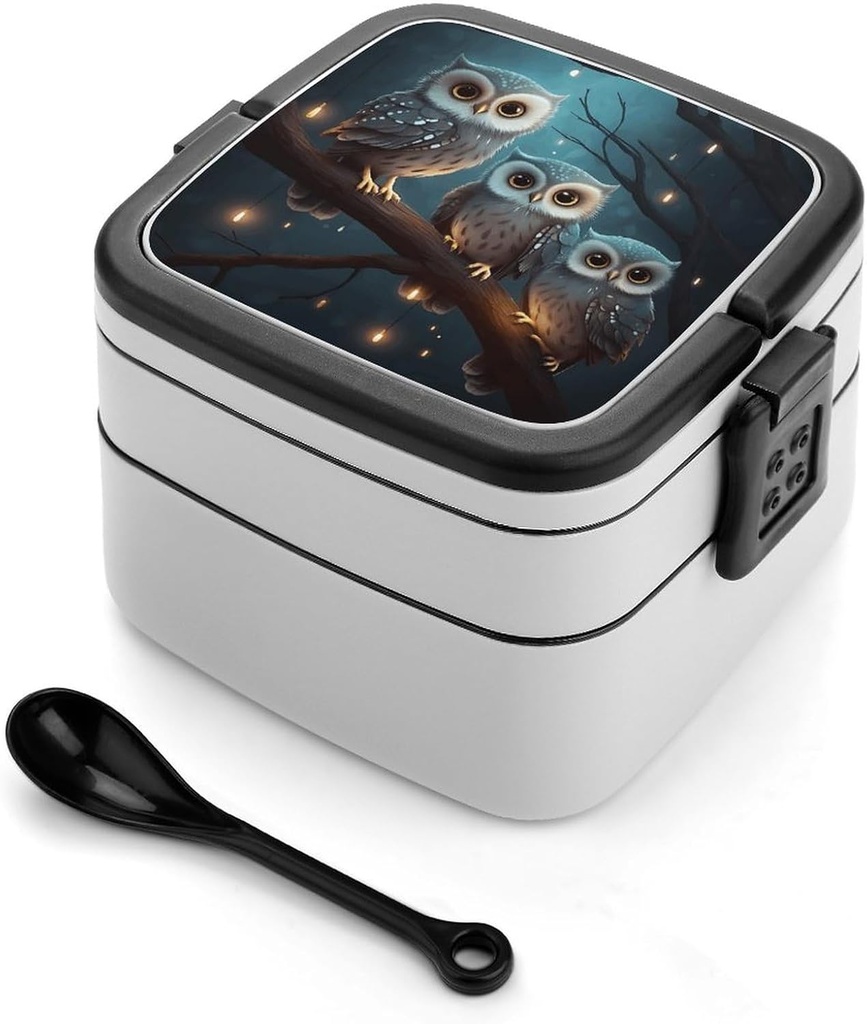 Owl on Tree Bento Box Adult Stackable 2 Layers Containers Reusable Leakproof Lunch Containers for Adults Travel 33oz Lunchbox with Spoon Portable Bento Boxes, Microwave Dishwasher Safe
