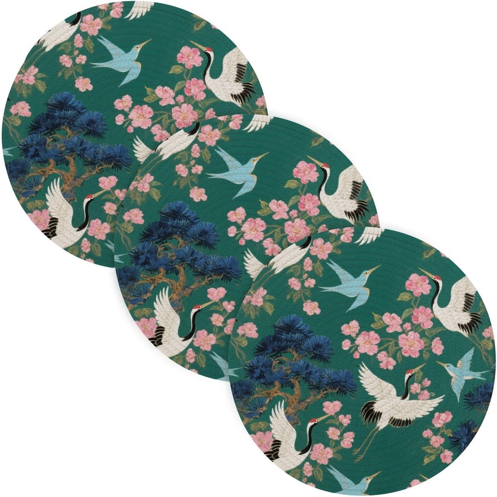 3 Pcs Round Trivet for Crock Pot Japanese Green-Flowered Crane 15in Polyester-Cotton Thread Weave Dish Mat Porta platos para mesa