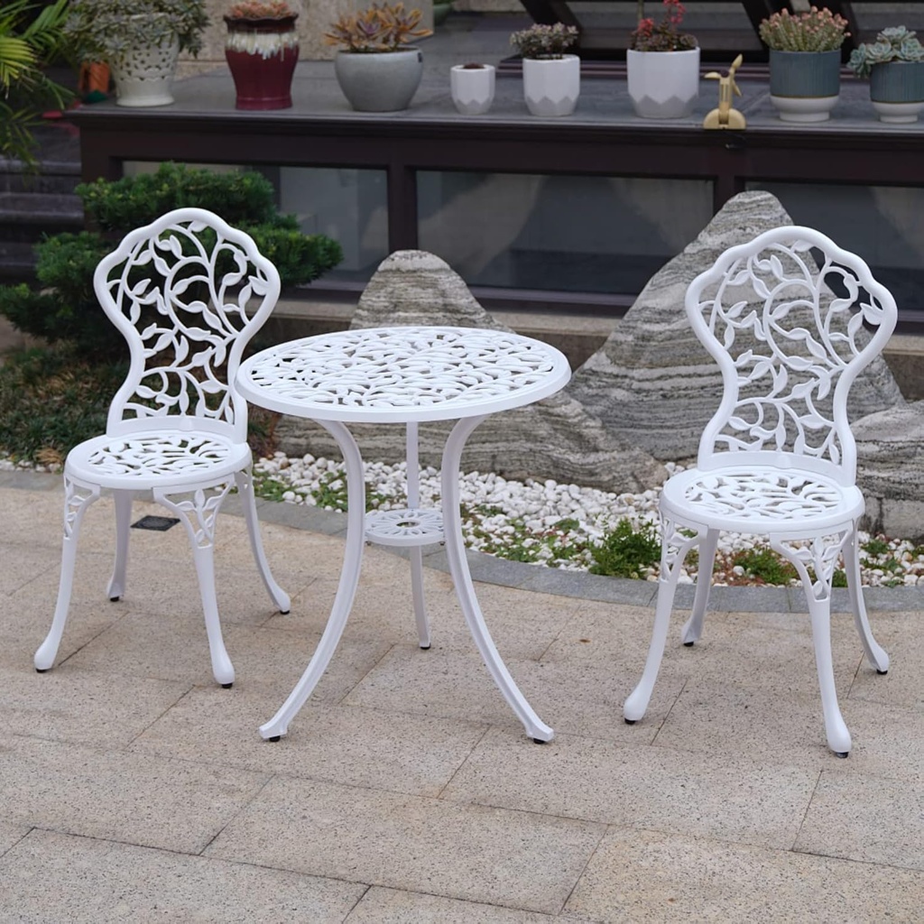 KAILI Patio Bistro Sets 3 Piece cast Aluminum Patio Furniture Outdoor Garden Metal Rust Proof Tables and Chairs White bisrto Set (Leaf-White)