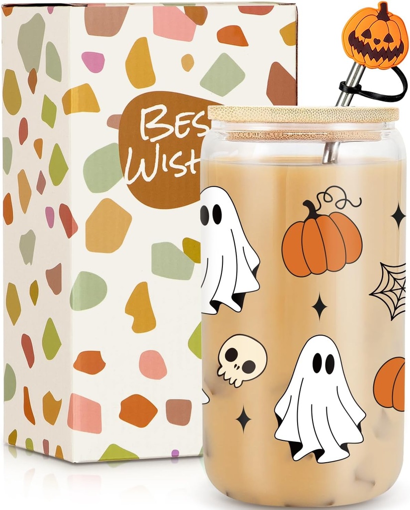 Halloween Ghost Skull Pumpkin Fall Cup - 16 oz Pumpkins Fall Mug, Boo Basket Stuffers, Iced Coffee Glass Tumbler, Spooky Glass Cups w/Lids Straws, Goth Spooky Gifts, Halloween Gifts for Women Her Teen