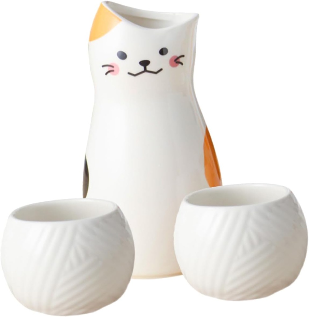 Luxshiny 1set Ceramic Sake Pot and Cups Traditional Japanese Saki Kettle Cute Cat Design Reusable Drinkware for Home Weddings and