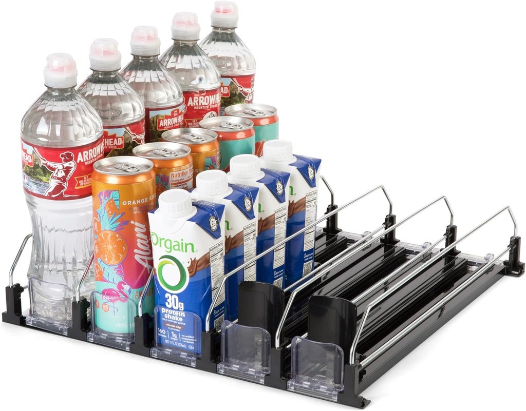 5-Piece Drink Organizer for Fridge – Spring-Loaded Rolling Can & Bottle Holder – Kitchen Storage for Soda, Water, Baby Bottles – Sliding Beverage Dispenser (Black)