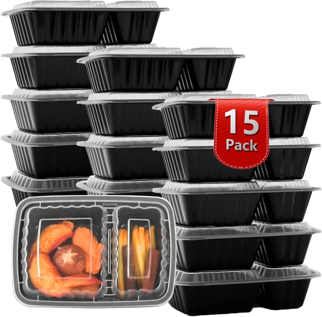 Meal Prep Containers 2 Compartment 15 Pack, 28 oz Divided Reusable Food Storage Containers with Lids Takeout Food Storage Containers Black, Microwave Dishwasher Freezer Safe, Stackable, BPA Free