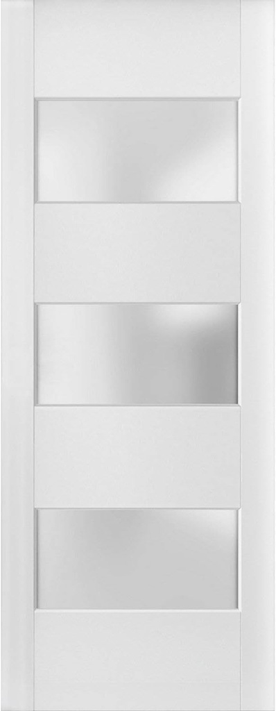 Slab Barn Door Panel Frosted Glass 3 Lites 36 x 84 inches | Lucia 4070 White Silk | Sturdy Finished Doors | Pocket Closet Sliding