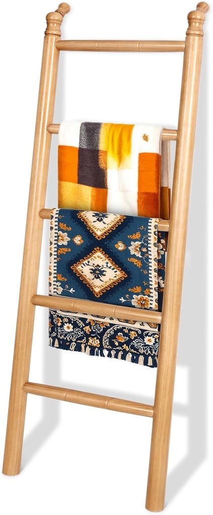 SEKSON Wooden Blanket Ladder Living Room Fully Assembled 5ft (57") Quilt Ladder Decorative Solid Wood Ladders Farmhouse Rustic Throw Blanket Rack Holder for Bedroom Bathroom Home Decor Display, Brown