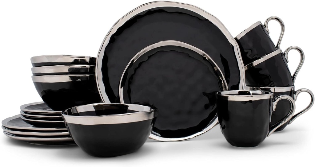 Elanze Designs 16-Piece Metallic Bubble Porcelain Ceramic Plates Bowls Mugs Dinnerware Set - Service for 4, Black With Silver Accents