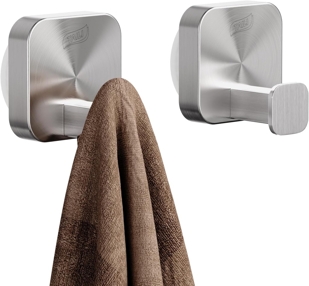 TAILI Thickened 304 Stainless Steel Bathroom Suction Hook for Towel, Loofah, Bathrobe, Patented Strong Suction Cup Holder, Damage-free Hanging Glass Shower Wall Hook, Hold Up to 11 Lbs, 2 Pack, Silver